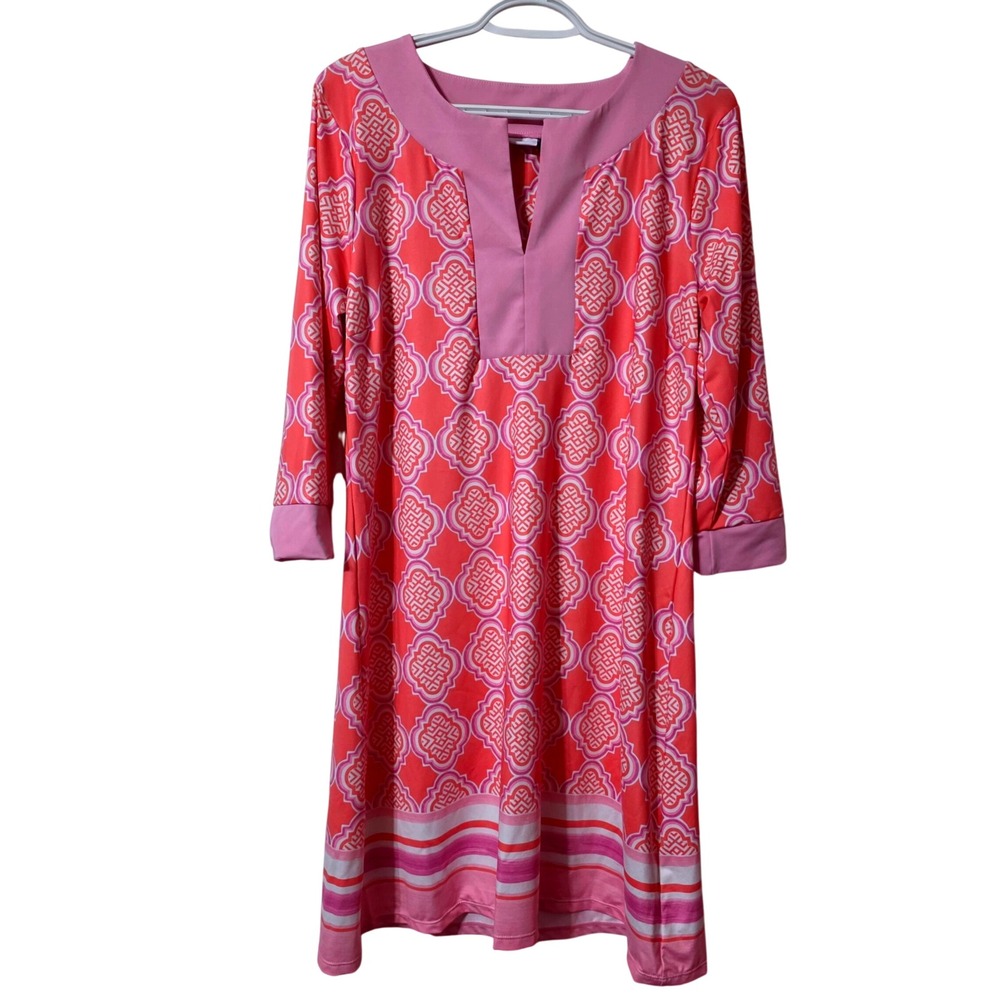Cabana Life Women Large Tunic Dress Pink Coral Geometric UPF 50 Resortwear
